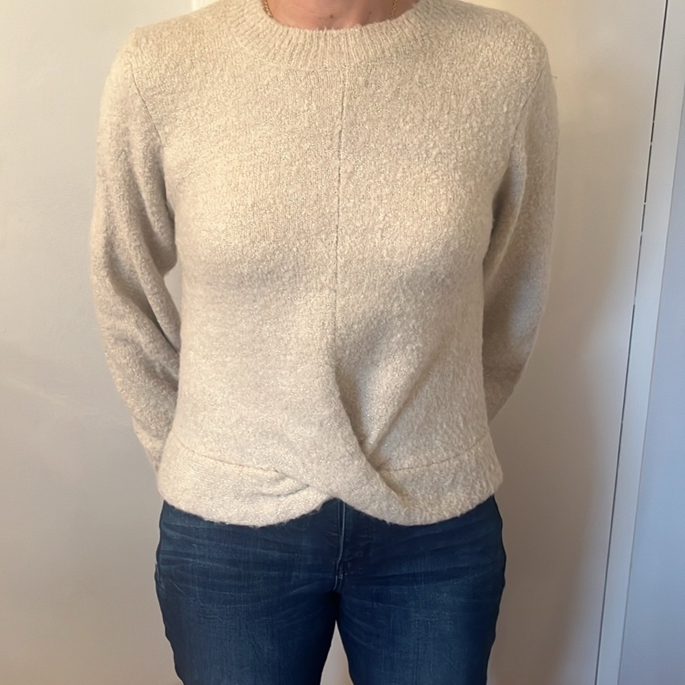 Women’s Small Joie Cream Color Sweater With Gold/Silver Shimmer and Twist Front